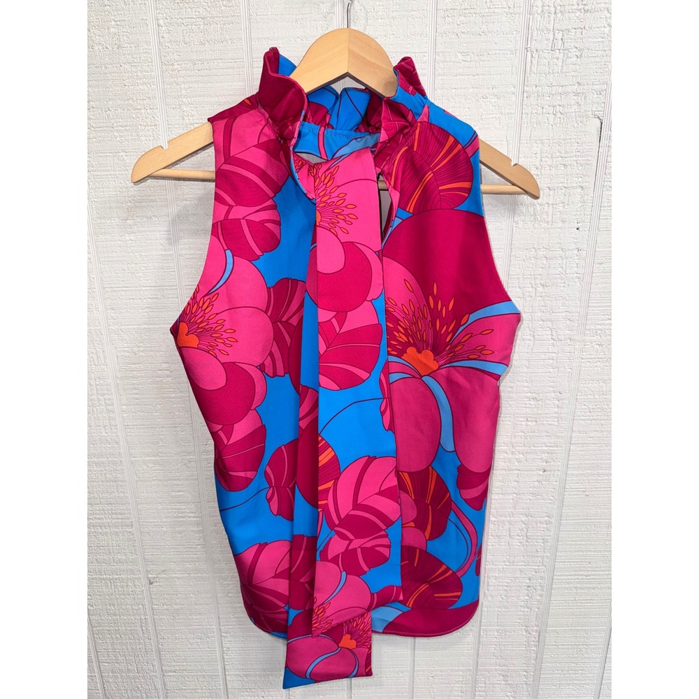 Tuckernuck Blouse Womens Pink Blue Floral Ruffle Tie Neck Sleeveless M - Picture 3 of 5